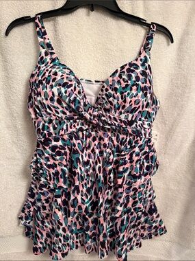 Women’s Leilani Ruffled Tankini Top only - Pink Teal Leopard Print